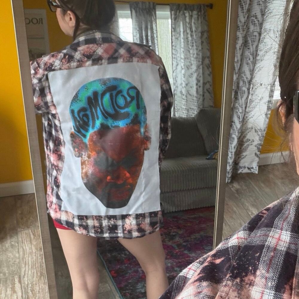 Denis Rodman 90s .6upcycled custom flannel shirt graphic tee on back bespoke